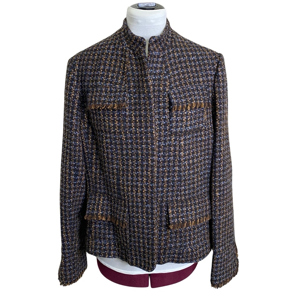 I.E. Petite Women's Jacket Knit Tweed Fringe Trim Pockets